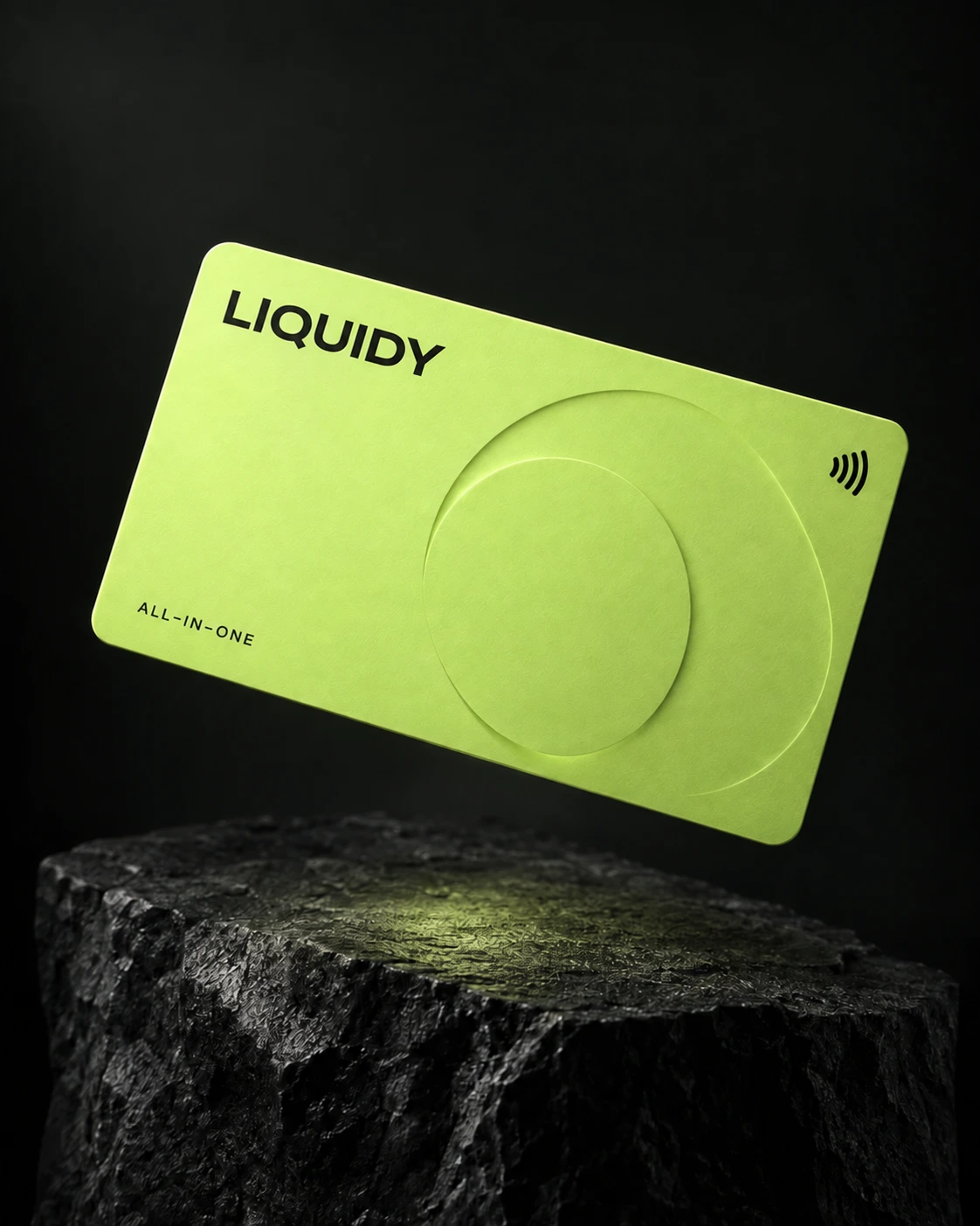 A lime LIQUIDY card floating above a charcoal stone plinth